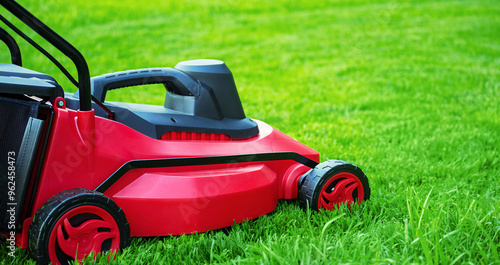 The process of mowing the lawn with a lawnmower. Red and black lawnmower on green grass web size