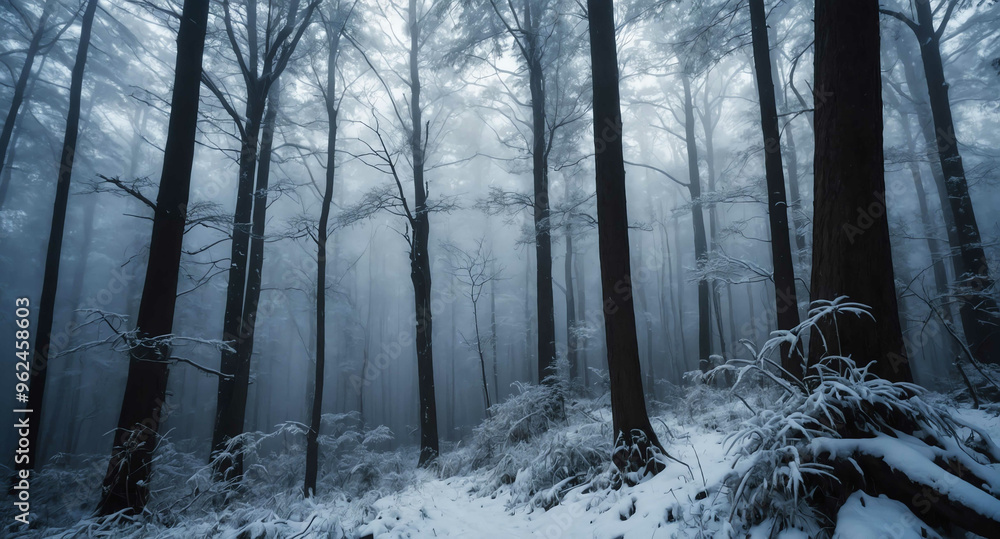 Naklejka premium Snowy forest mist glowing abstract background