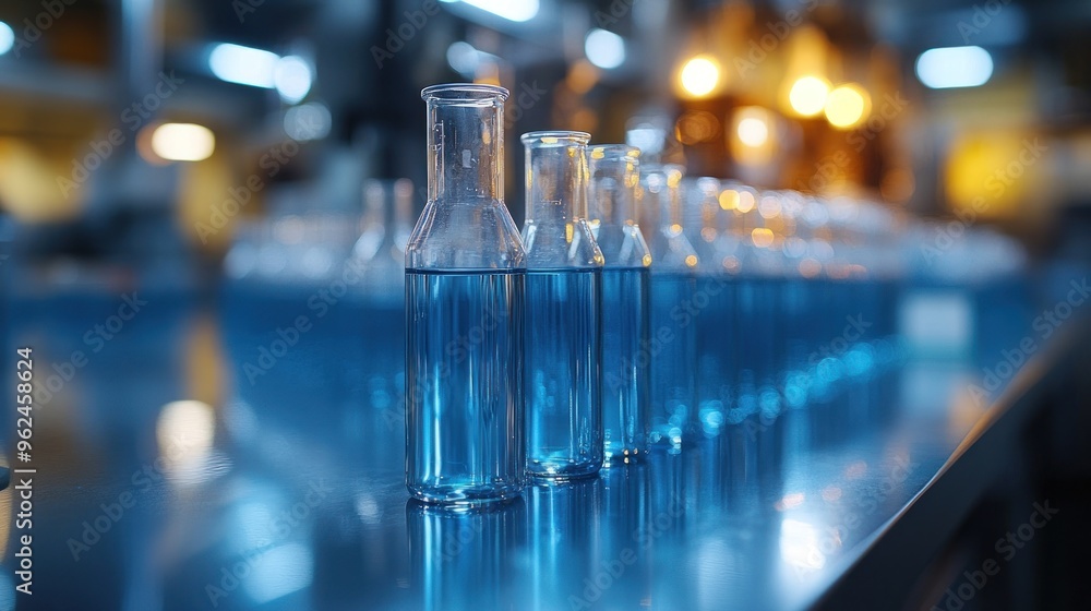Blue Liquid Bottles in a Factory Setting Blue Liquid Bottles in a Factory Setting