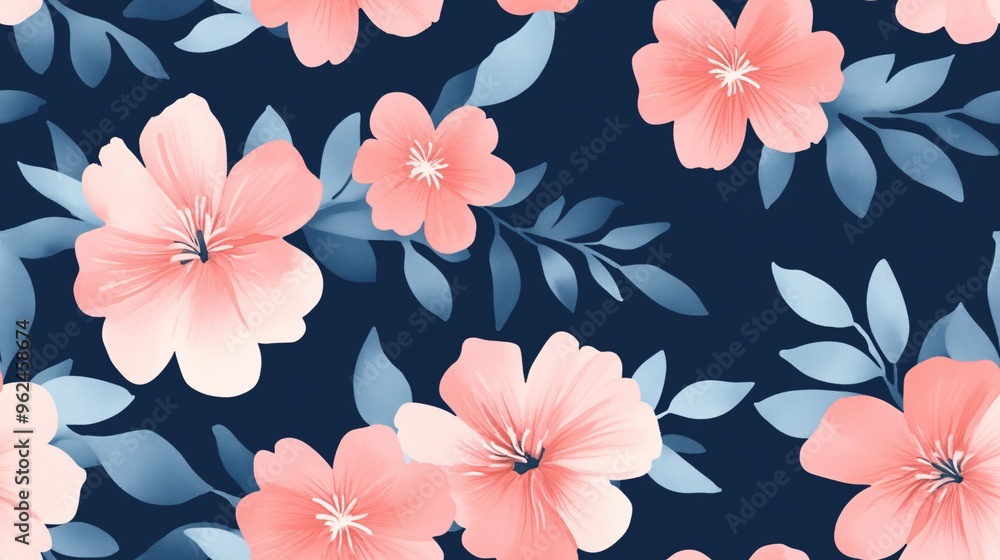 Floral Dreams on Navy: A delicate pattern of blush pink flowers and blue-green leaves on a rich navy background. The soft, romantic design adds a touch of elegance and charm to any project. Floral Dreams on Navy: A delicate pattern of blush pink flowers and blue-green leaves on a rich navy background. The soft, romantic design adds a touch of elegance and charm to any project.