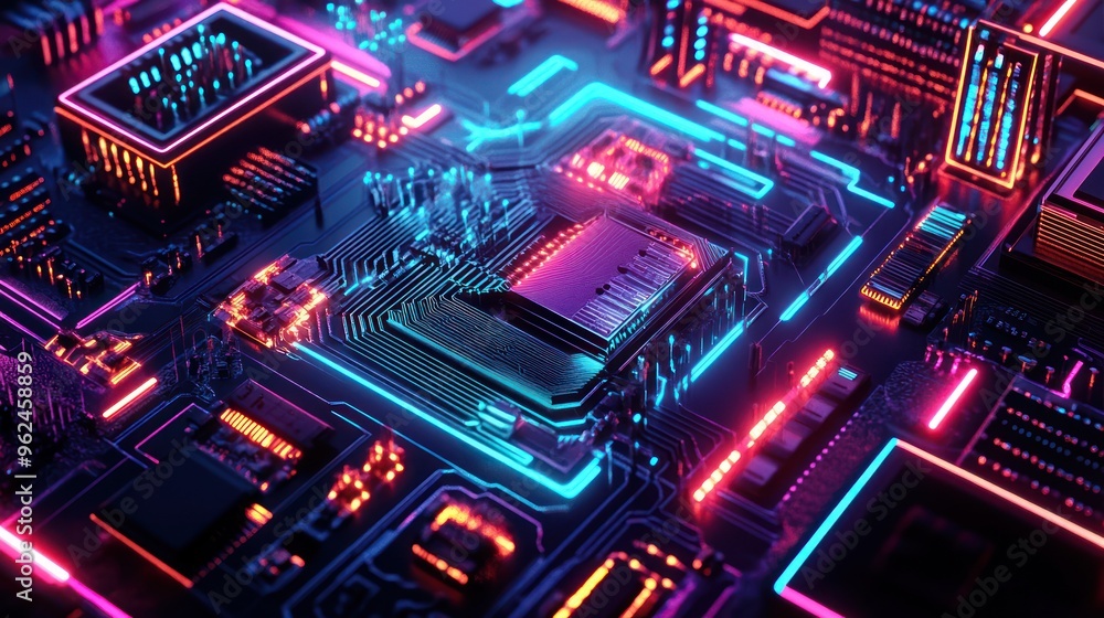 Obraz premium Neon Circuitry: A Digital Landscape