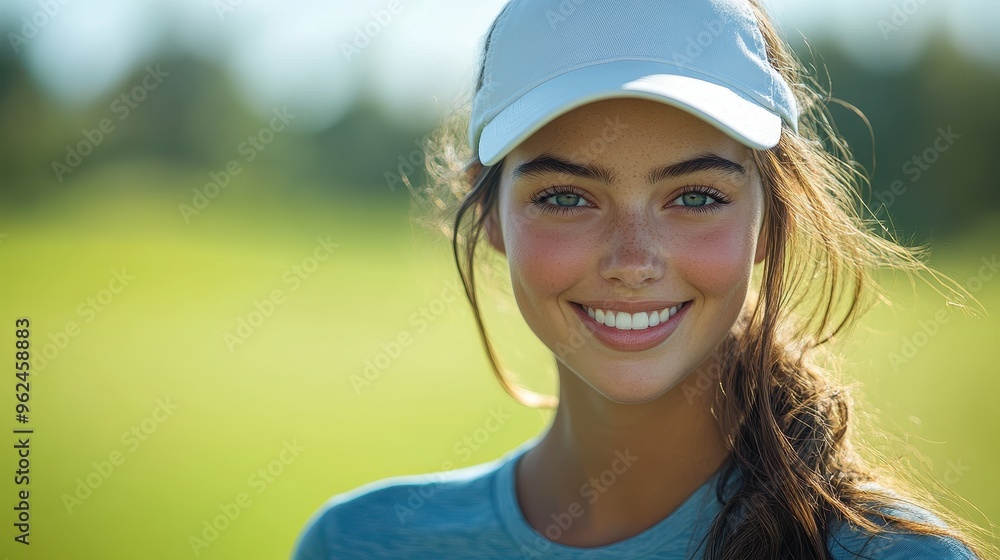 Portrait of a Happy Young Woman in a Blue T-Shirt and White Cap Holding a Golf Club on a Green Field with a Blurred Background and Space for Text, Perfect for Sports Event Promotions
Portrait of a Happy Young Woman in a Blue T-Shirt and White Cap Holding a Golf Club on a Green Field with a Blurred Background and Space for Text, Perfect for Sports Event Promotions
