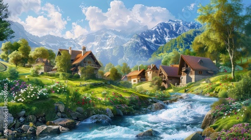 A serene landscape featuring mountains, a river, and quaint cottages surrounded by nature.