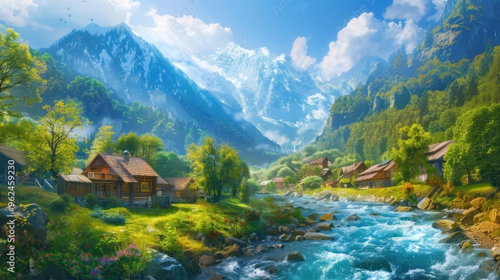 Fototapeta premium A serene landscape featuring mountains, a river, and quaint cottages under a clear blue sky.