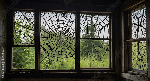 spider web covered window of abandoned old house photo