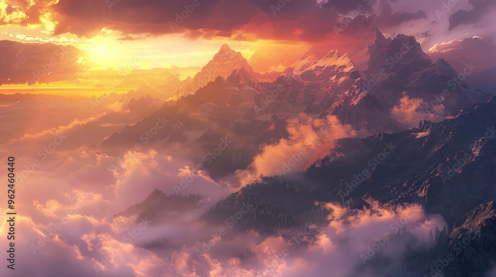 Majestic mountain landscape at sunset, with clouds and vibrant colors. Majestic mountain landscape at sunset, with clouds and vibrant colors.