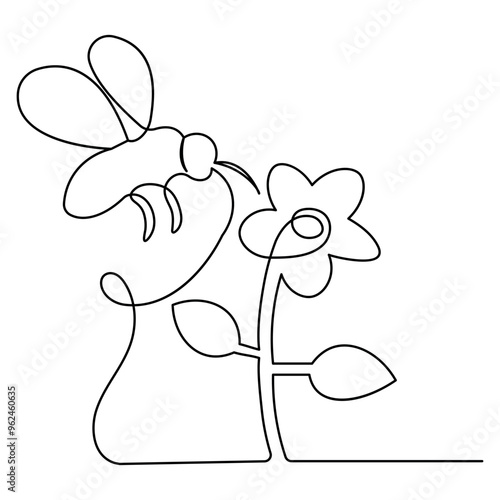 Bee single line art, continuous one line drawing of Isolated outline vector art