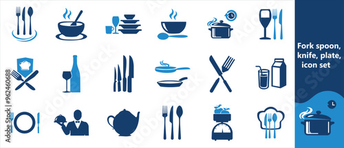  Fork, spoon, knife, plate, chef hat, and cloche or tray icon. Cutlery icon set in line and flat style. Dinnerware icon symbol. Restaurant sign and symbol. Vector illustration