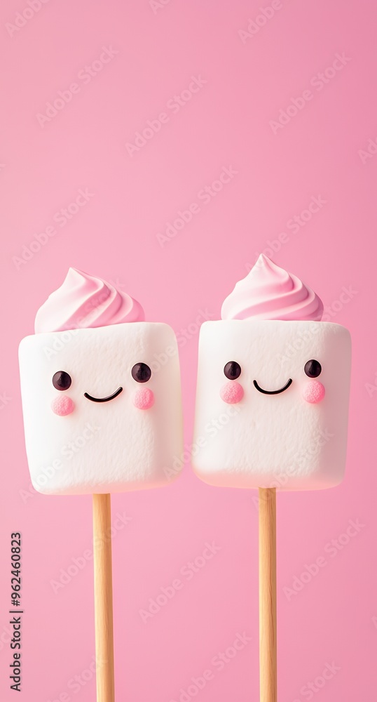 Two marshmallow pops with pink frosting and smiling faces on a pink background. Two marshmallow pops with pink frosting and smiling faces on a pink background.