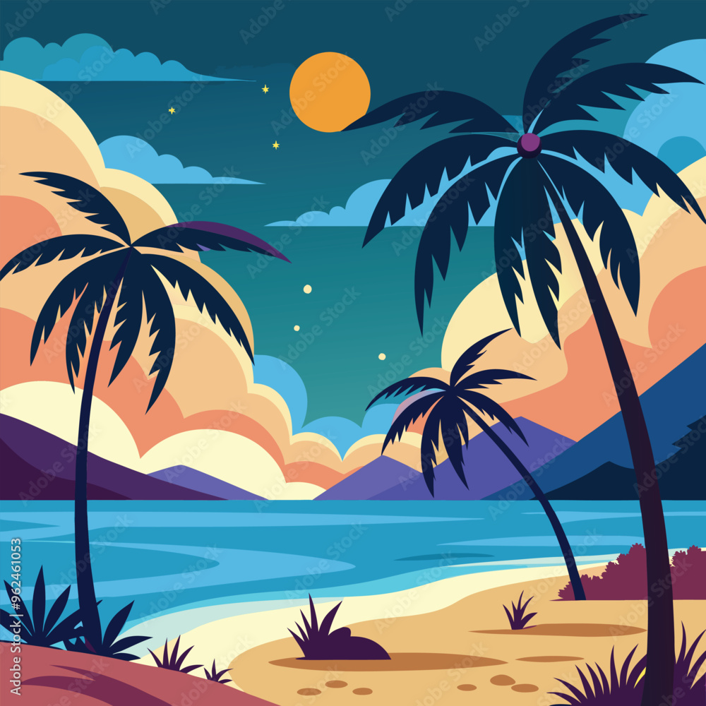 Obraz premium a tropical beach scene with palm trees and the moon
