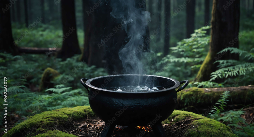 witch cauldron with smoke and burning on dark forest scary background witch cauldron with smoke and burning on dark forest scary background