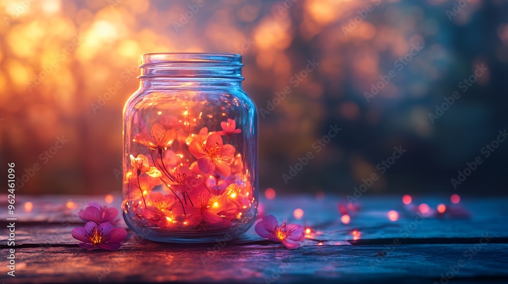 Glass jar with pink flowers on a wooden table, glowing at sunset. Glass jar with pink flowers on a wooden table, glowing at sunset.