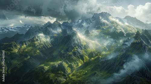 A breathtaking view of majestic mountains shrouded in mist and dramatic lighting.