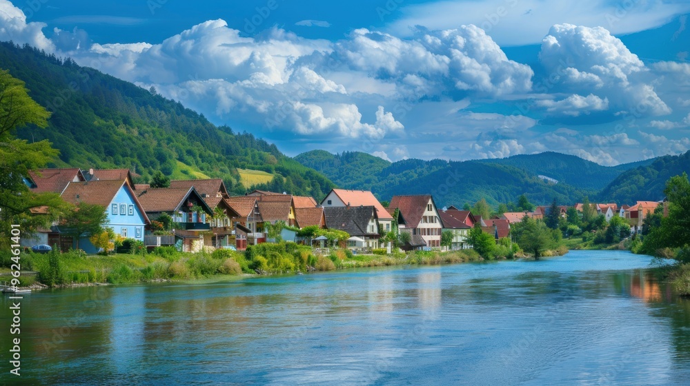 Fototapeta premium Scenic riverside view with charming houses and lush hills under a blue sky with clouds.