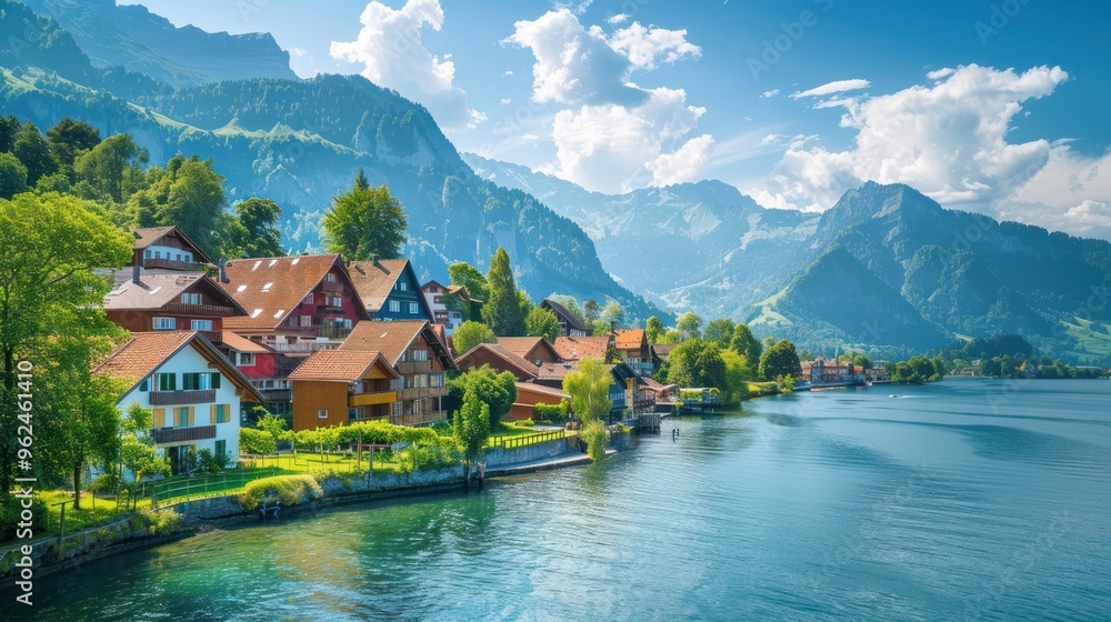 Scenic lakeside village surrounded by mountains and lush greenery under a bright sky. Scenic lakeside village surrounded by mountains and lush greenery under a bright sky.