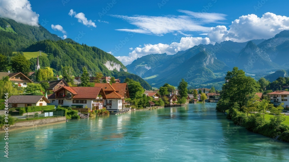 Fototapeta premium Serene landscape featuring a river, mountains, and charming houses under a blue sky.