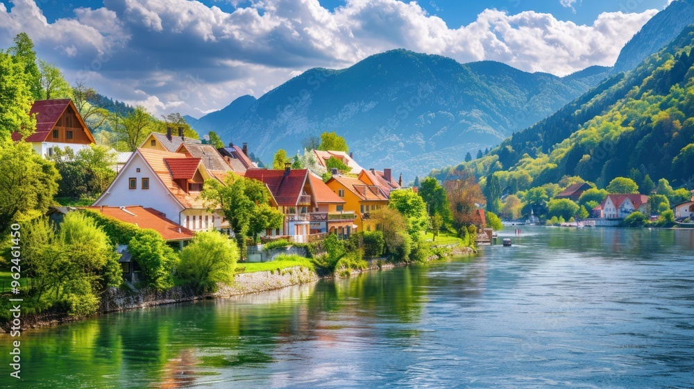Scenic riverside view with charming houses and mountains under a bright sky. Scenic riverside view with charming houses and mountains under a bright sky.