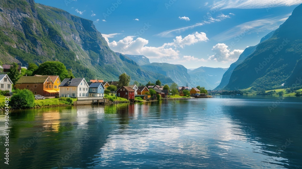 Fototapeta premium Scenic view of a tranquil fjord with colorful houses and mountains.