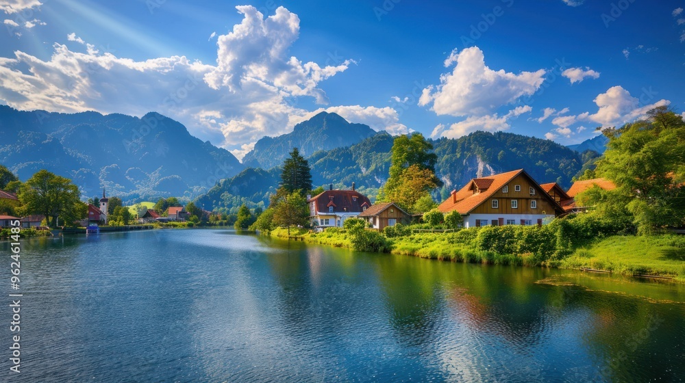 Fototapeta premium Scenic lake surrounded by mountains and charming homes under a bright, blue sky.