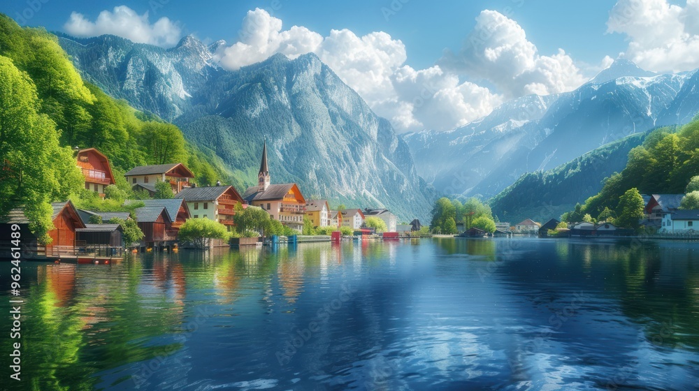 Fototapeta premium Serene lakeside village surrounded by mountains and lush greenery under a bright sky.