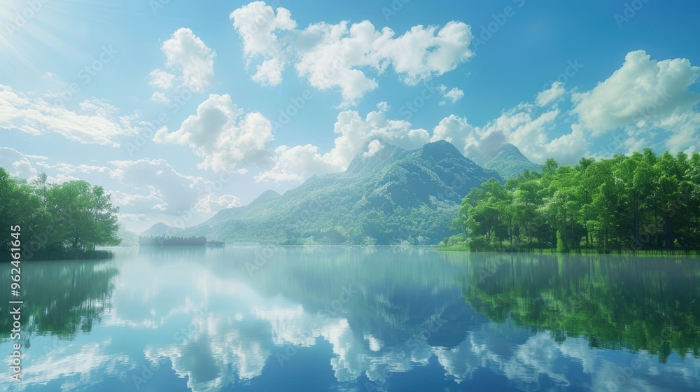 Naklejka premium Serene landscape featuring mountains, a calm lake, and lush greenery under a bright sky.