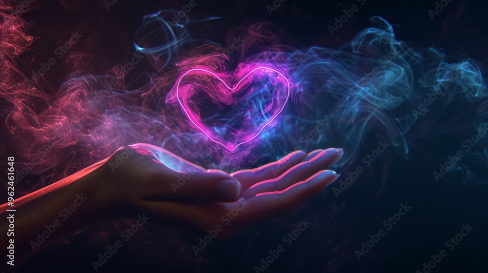 A captivating image of a hand extended to present a glowing, heart-shaped smoke formation. The vibrant pink and blue hues of the smoke contrast beautifully against the dark background, creating an A captivating image of a hand extended to present a glowing, heart-shaped smoke formation. The vibrant pink and blue hues of the smoke contrast beautifully against the dark background, creating an