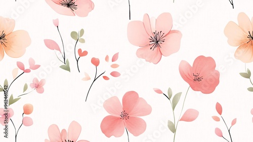 Delicate Watercolor Floral Pattern: A gentle and romantic seamless pattern featuring delicate pink and peach watercolor flowers on a white background. Perfect for feminine and floral designs. 