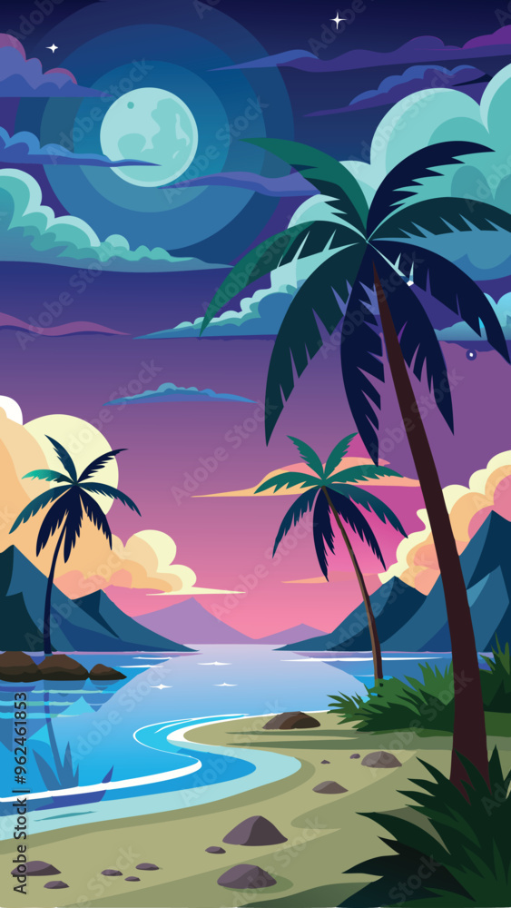 Obraz premium a tropical beach scene with palm trees and the moon