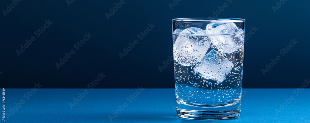 Sparkling water in clear glass with ice cubes creates refreshing scene ...
