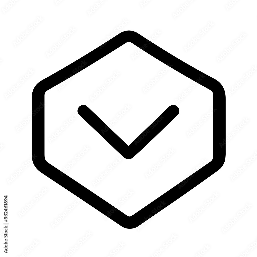 This vector graphic features a minimalist line icon showcasing a checkmark inside a hexagonal shape, common in user interfaces and design projects This vector graphic features a minimalist line icon showcasing a checkmark inside a hexagonal shape, common in user interfaces and design projects