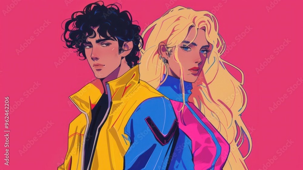 Two stylized characters with vibrant hair and outfits against a bright pink background.