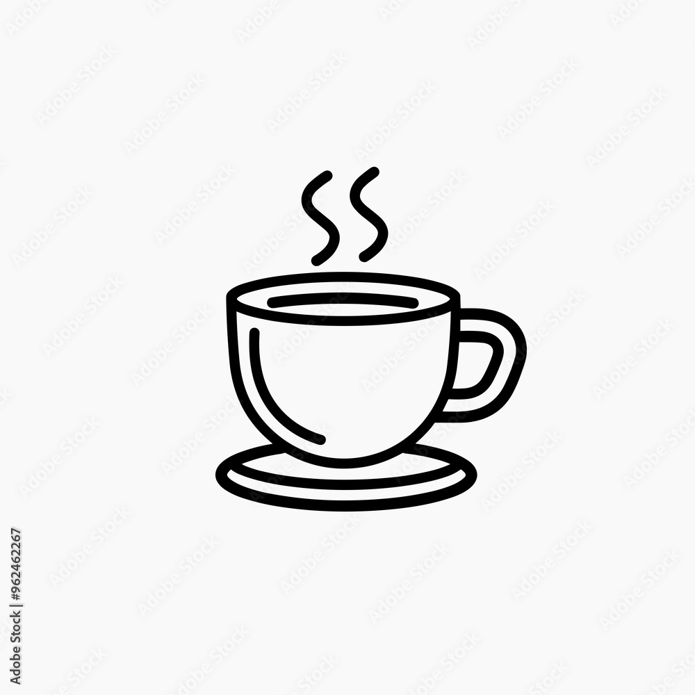 This icon features a clean black line drawing of a steaming coffee cup on a saucer, perfect for representing beverages in various designs and applications This icon features a clean black line drawing of a steaming coffee cup on a saucer, perfect for representing beverages in various designs and applications