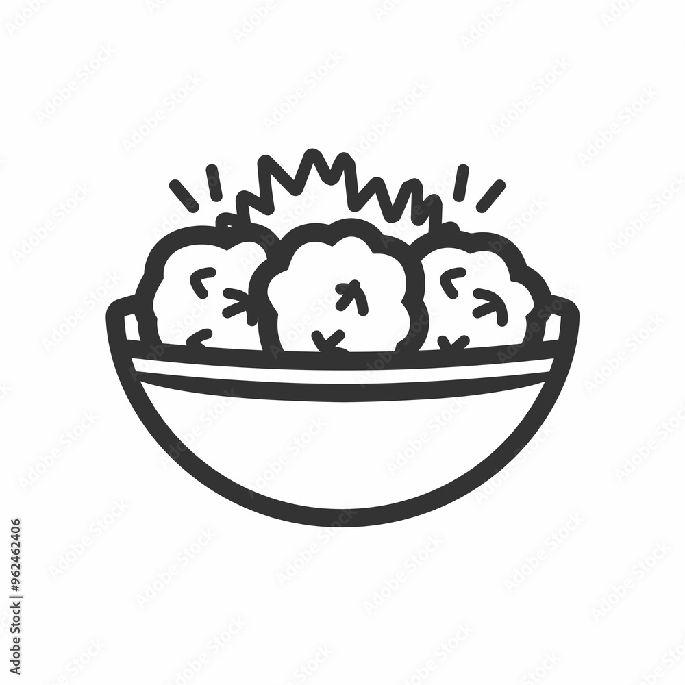 A minimalist line art representation of a bowl filled with three food balls, designed for versatile use in culinary-themed projects or applications, falafel food A minimalist line art representation of a bowl filled with three food balls, designed for versatile use in culinary-themed projects or applications, falafel food