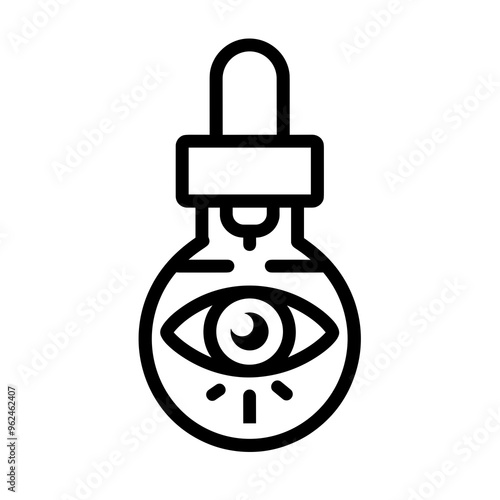 This vector design showcases a minimalist line icon of a dropper with an eye, symbolizing pharmaceutical drops or eye treatments, suitable for digital projects