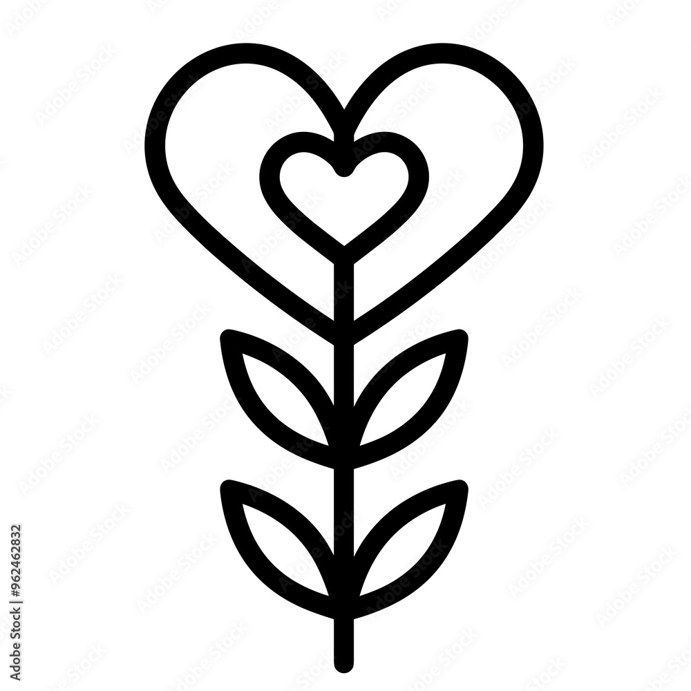 The design features a flower composed of heart-shaped petals above a straight stem with leaves, embodying a minimalist and modern aesthetic ideal for various uses The design features a flower composed of heart-shaped petals above a straight stem with leaves, embodying a minimalist and modern aesthetic ideal for various uses