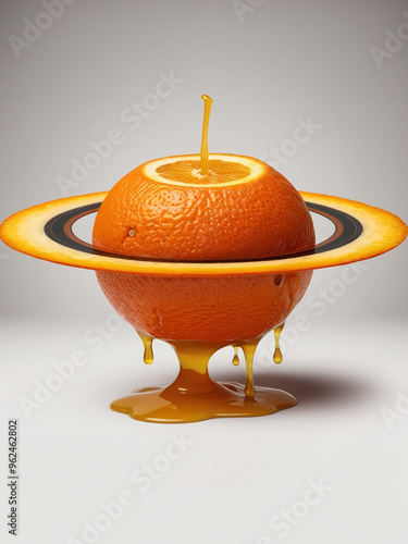 An orange transformed into saturn with juice dripping around photo