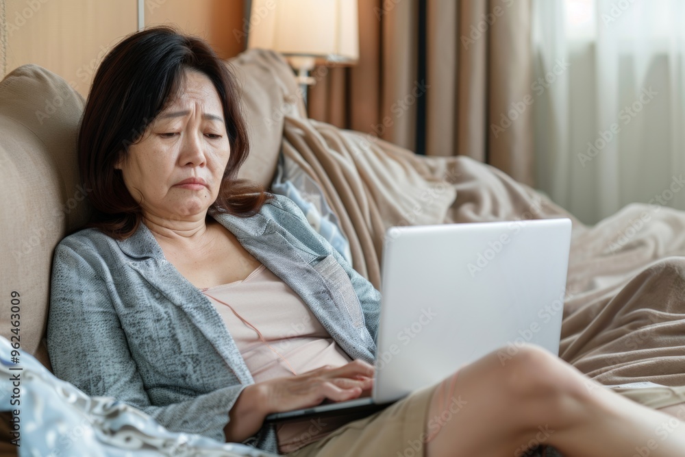 Remote Supervision Challenges in Virtual Work Environments. Mature woman displaying elegance while using her laptop office. Portrayal of age meeting efficiency highlighting modern elderly Remote Supervision Challenges in Virtual Work Environments. Mature woman displaying elegance while using her laptop office. Portrayal of age meeting efficiency highlighting modern elderly