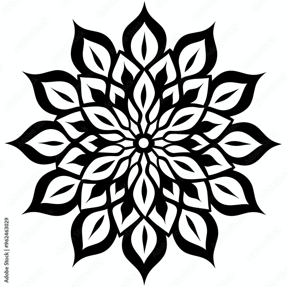 This vector design features a snowflake constructed with a series of interlocking, floral-inspired shapes emanating from a central point This vector design features a snowflake constructed with a series of interlocking, floral-inspired shapes emanating from a central point