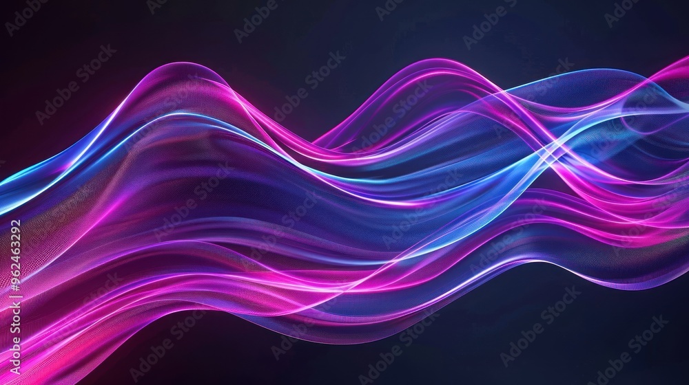 A vibrant, flowing abstract design with waves of pink and blue light against a dark background.