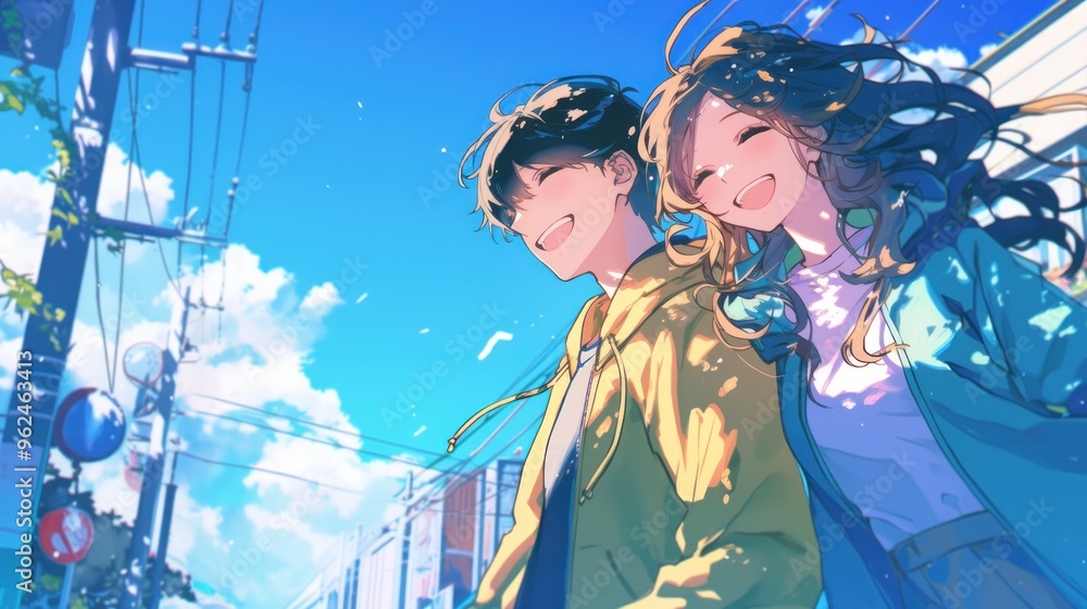 Two smiling individuals walk together under a bright blue sky, exuding joy and friendship.
