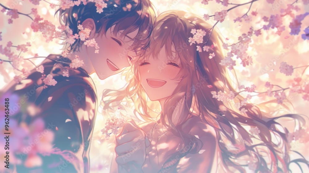 A joyful couple surrounded by cherry blossoms, sharing a tender moment of happiness. A joyful couple surrounded by cherry blossoms, sharing a tender moment of happiness.