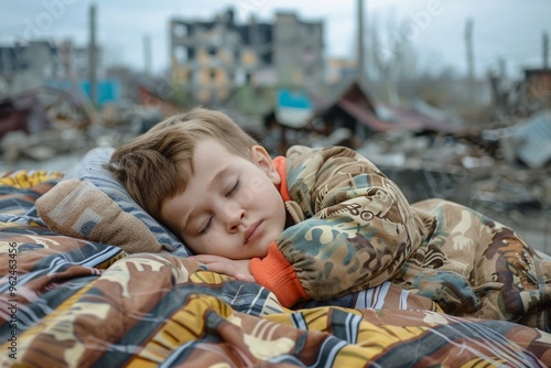 Urban decay surrounds sleeping child encapsulating serenity and quiet. Tender innocence captured child sleeps urban decay. Serene moments deteriorating environment. photo