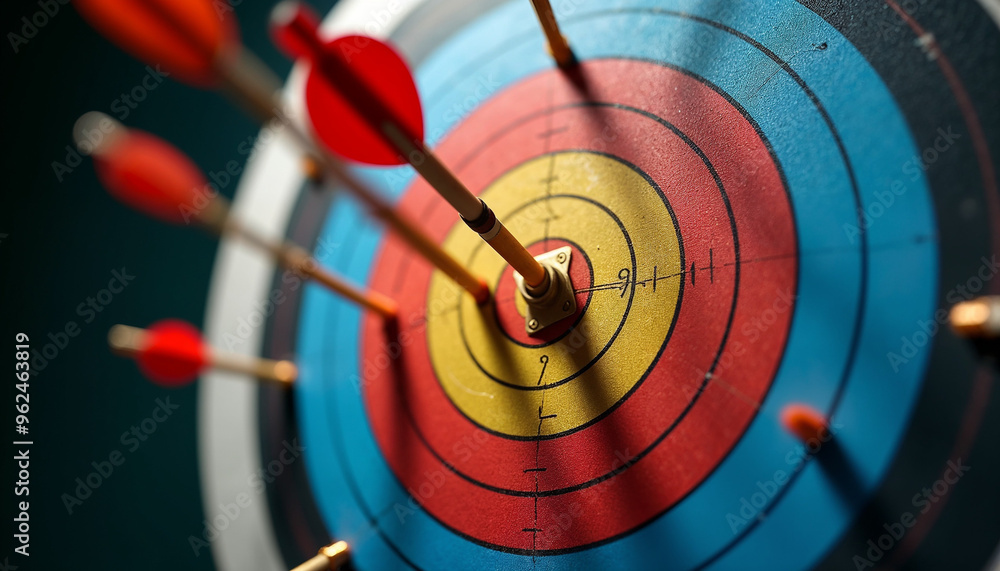 An arrow hits the bullseye of a target, surrounded by other arrows, highlighting archery precision.
An arrow hits the bullseye of a target, surrounded by other arrows, highlighting archery precision.