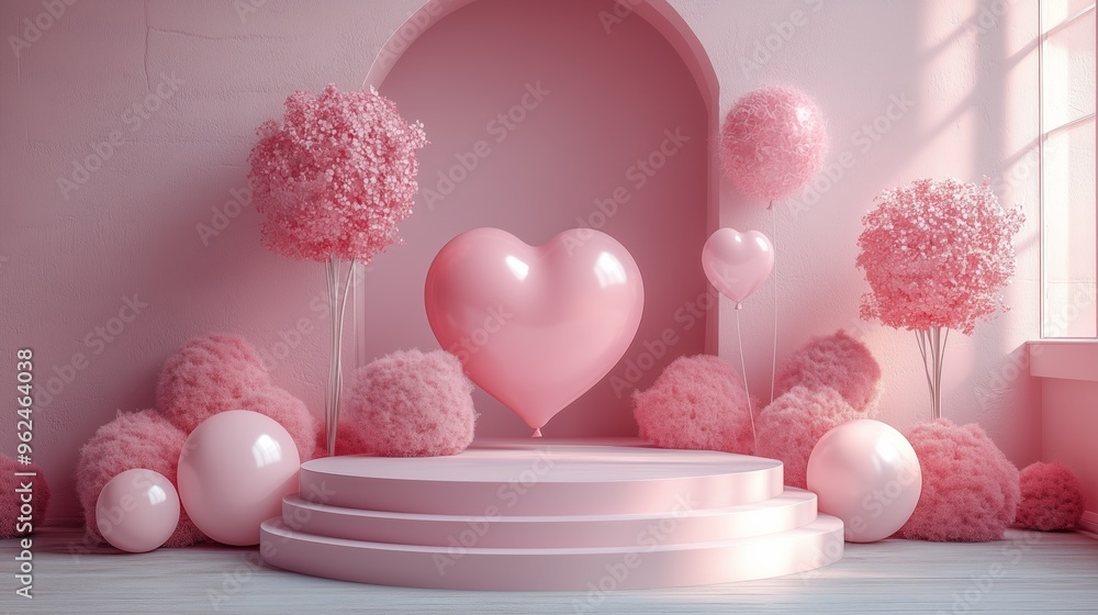 Empty Round Podium with Floating Heart Balloons on Pink Background. Love and Valentine's Day Concept Empty Round Podium with Floating Heart Balloons on Pink Background. Love and Valentine's Day Concept