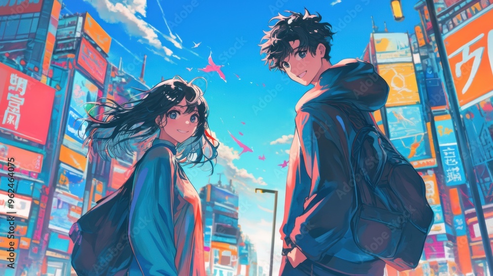 Fototapeta premium A vibrant cityscape featuring two young characters against a backdrop of colorful advertisements.