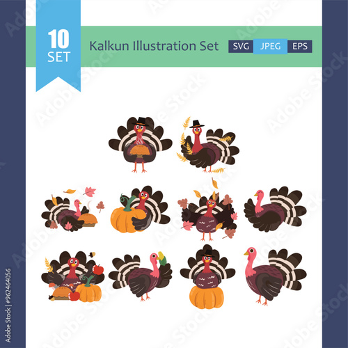 Colorful tall Thanksgiving Cartoon Turkey Bird Autumn illustration