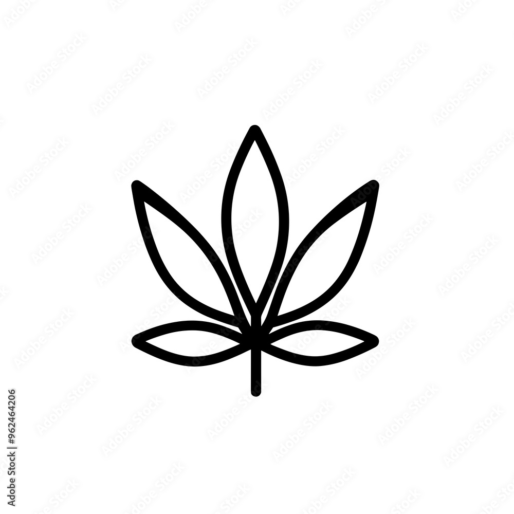 This graphic features a sleek black line icon of a cannabis leaf, emphasizing a minimalistic design perfect for use in web and print media This graphic features a sleek black line icon of a cannabis leaf, emphasizing a minimalistic design perfect for use in web and print media