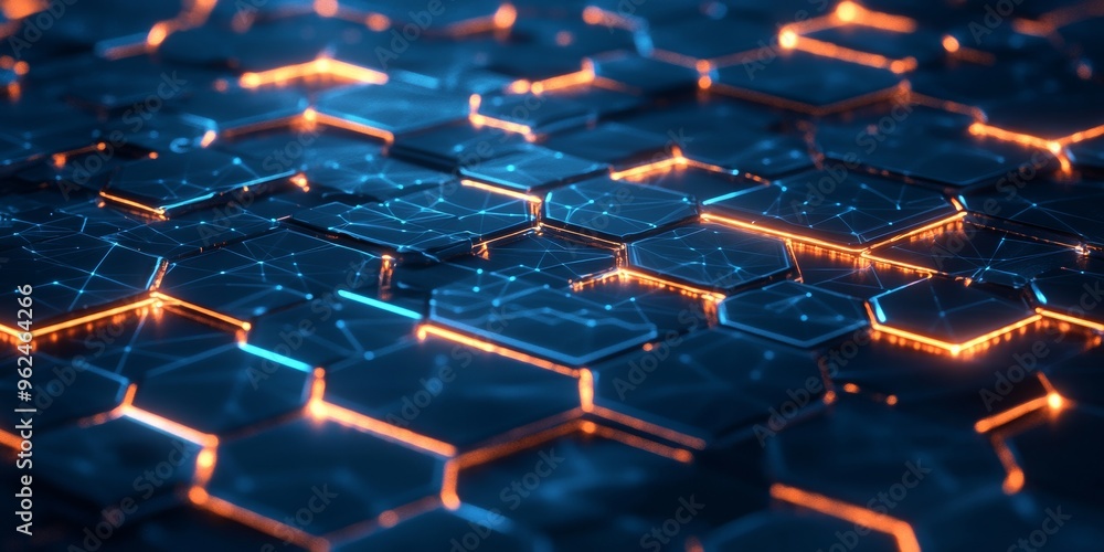 Fototapeta premium Glowing geometric shapes connected by light pathways in a futuristic digital world, representing innovation in engineering and artificial intelligence