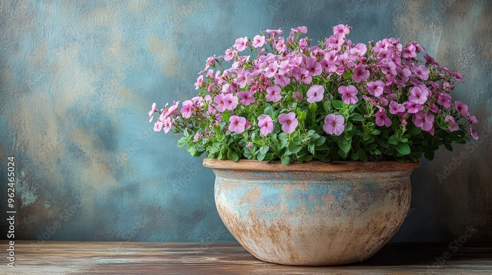 Pink flowers in a terracotta pot on a rustic wooden surface. Pink flowers in a terracotta pot on a rustic wooden surface.