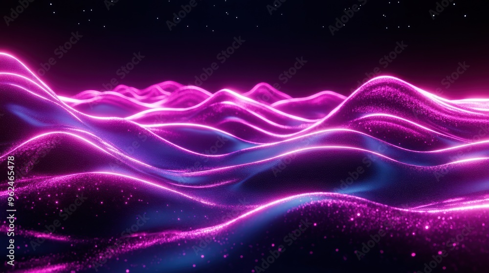 A vibrant, abstract landscape with glowing waves in shades of pink and blue against a dark background. A vibrant, abstract landscape with glowing waves in shades of pink and blue against a dark background.